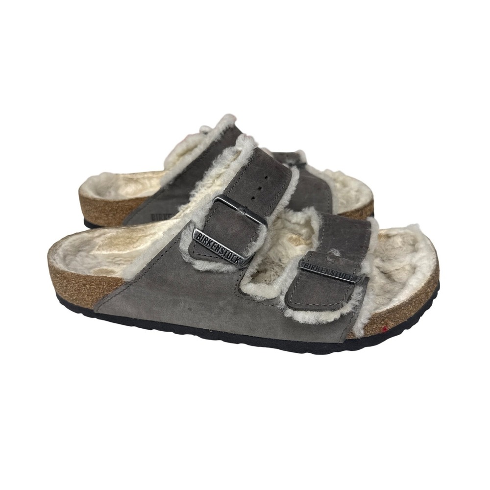 Birkenstock Arizona Shearling Sandals Womens 38 Gray Suede Double Strap Comfort